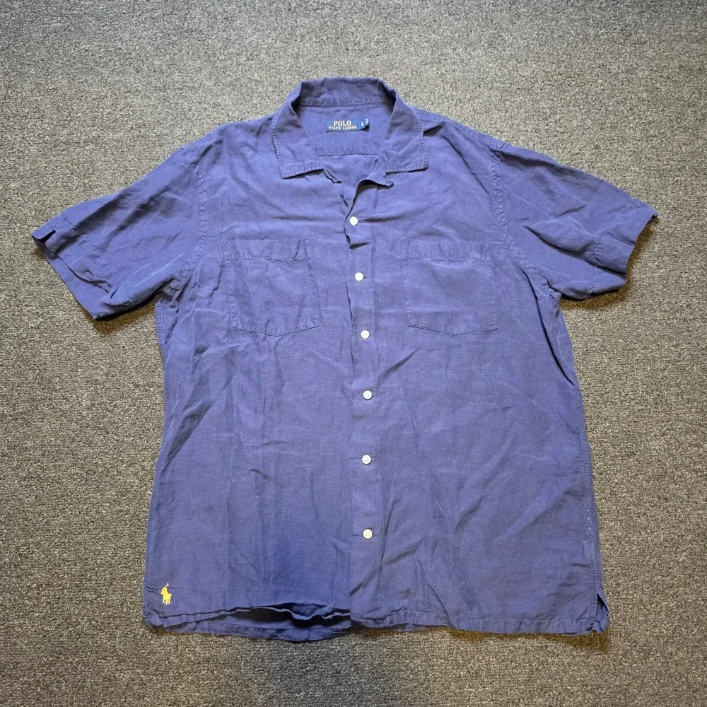 Polo Ralph Lauren Button Down Shirt Blue Mens Large Linen Silk Camp Collar Pony